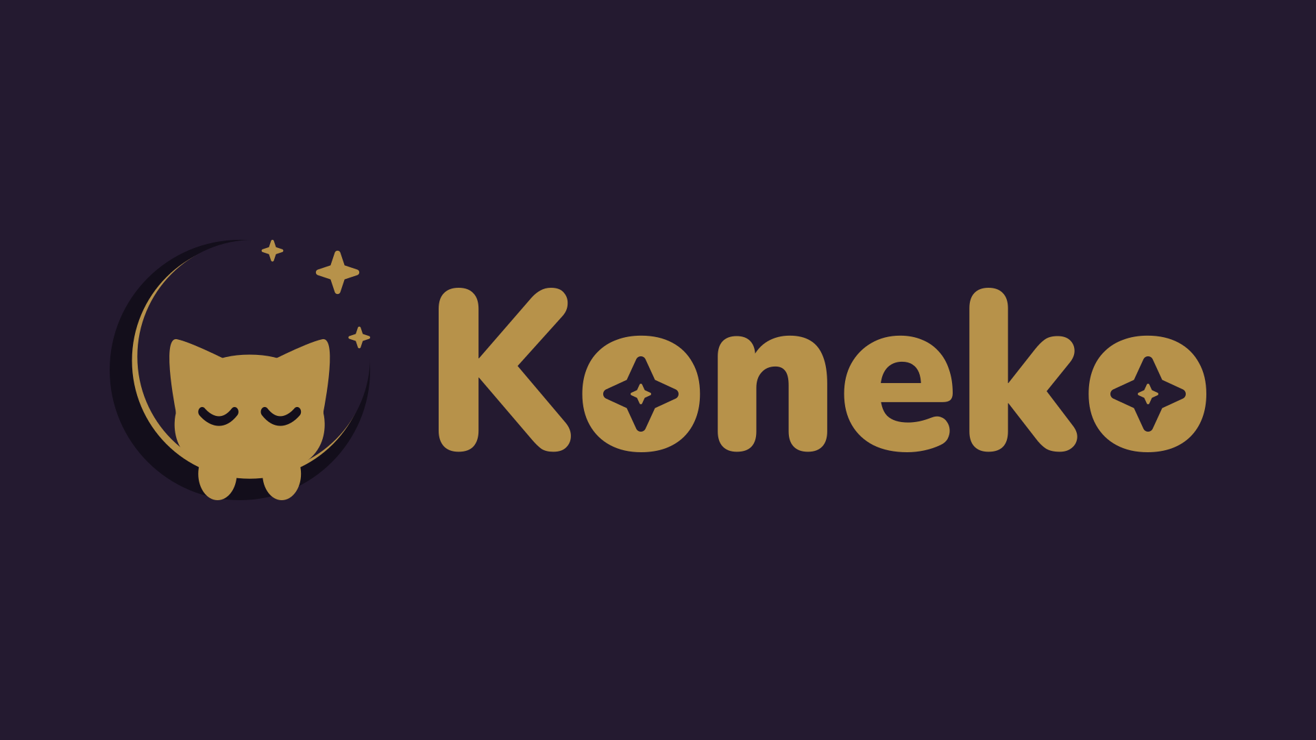 Koneko visual identity — a gold and purple visual system featuring a cat silhouette with moon and star motifs